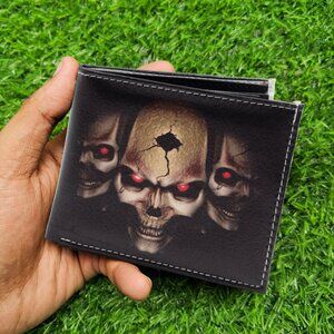 Three Skull Bifold Wallet for Men, Vegan Leather Printed Wallet